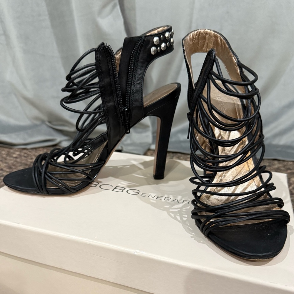 BCBGeneration Black Strappy Heels with Pearl Accents